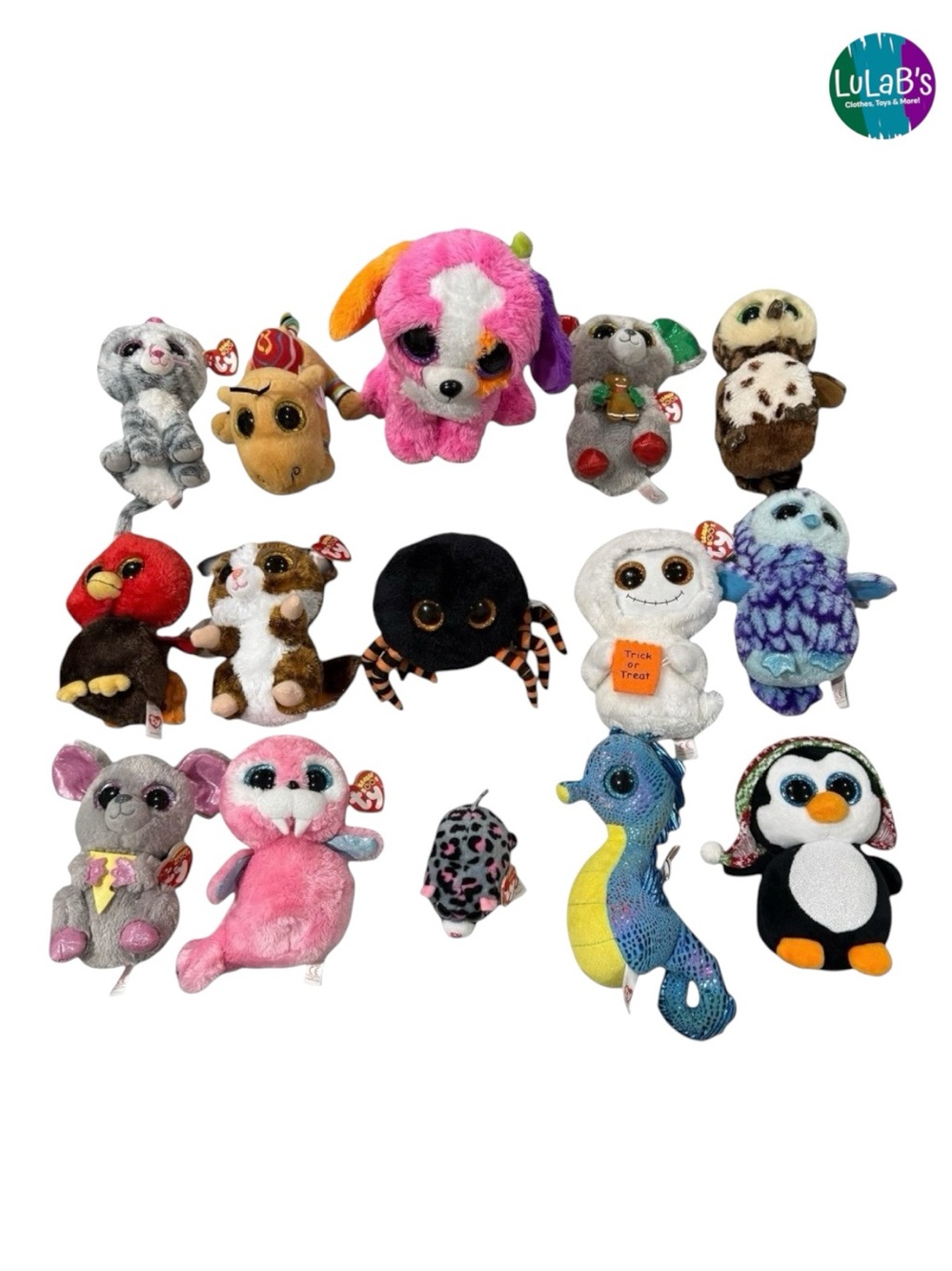 Ty Beanie Boos Large Mixed Lot of 15 Sea Horse, Camel, Owl, Spider, Ghost, Mouse
